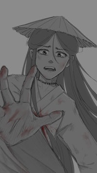 a drawing of an asian woman with blood on her hands