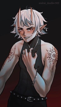 a drawing of a demon with tattoos and horns