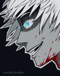 an anime character with blue eyes and white hair