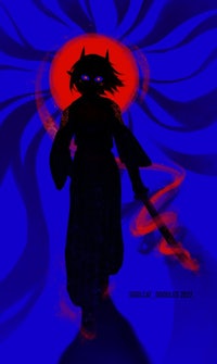 a silhouette of a girl holding a sword in front of a red and blue background