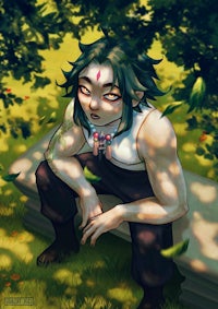 a character sitting on a bench in the forest