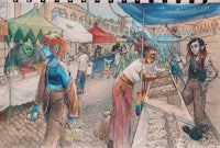 a drawing of people at a market