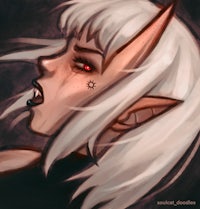 a drawing of an elf with horns and red eyes