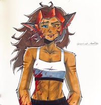 a drawing of a girl with blood on her face