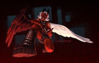 a devil with wings and a red background